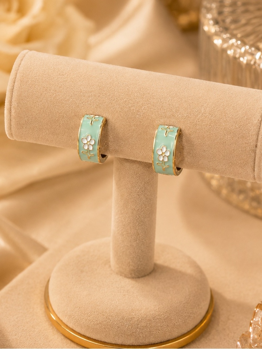 Gold-Tone Mint Enamel Floral Huggie Hoop Earrings